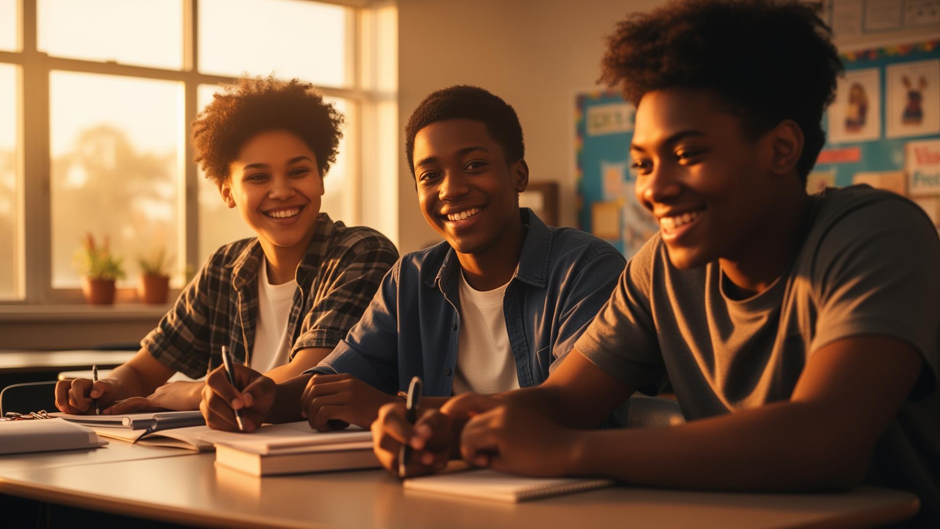 Students collaborating in a warmly lit classroom